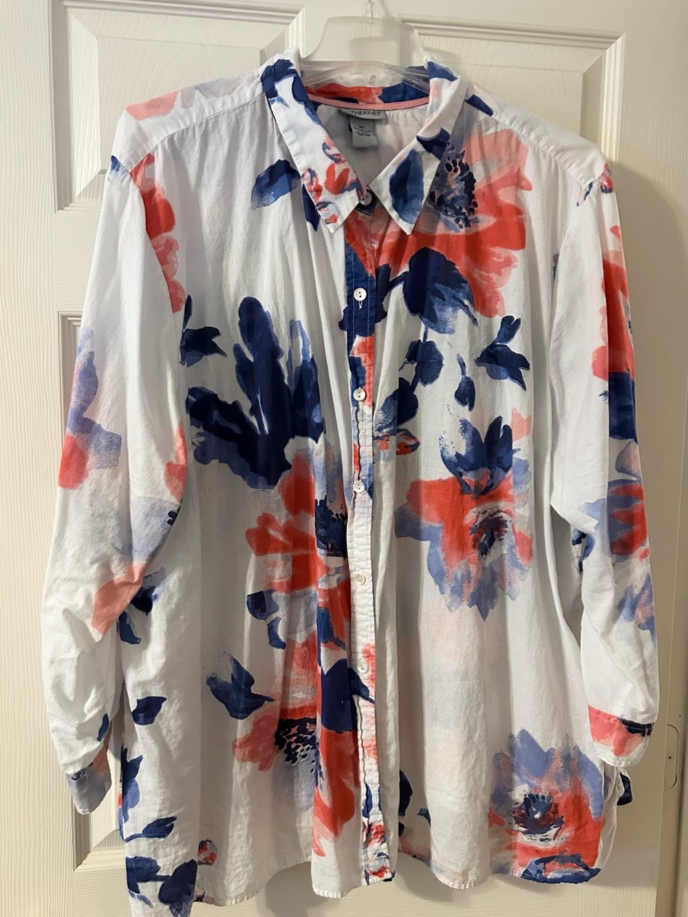 Catherines White Button-Down Shirt with Navy & Coral Floral Print
